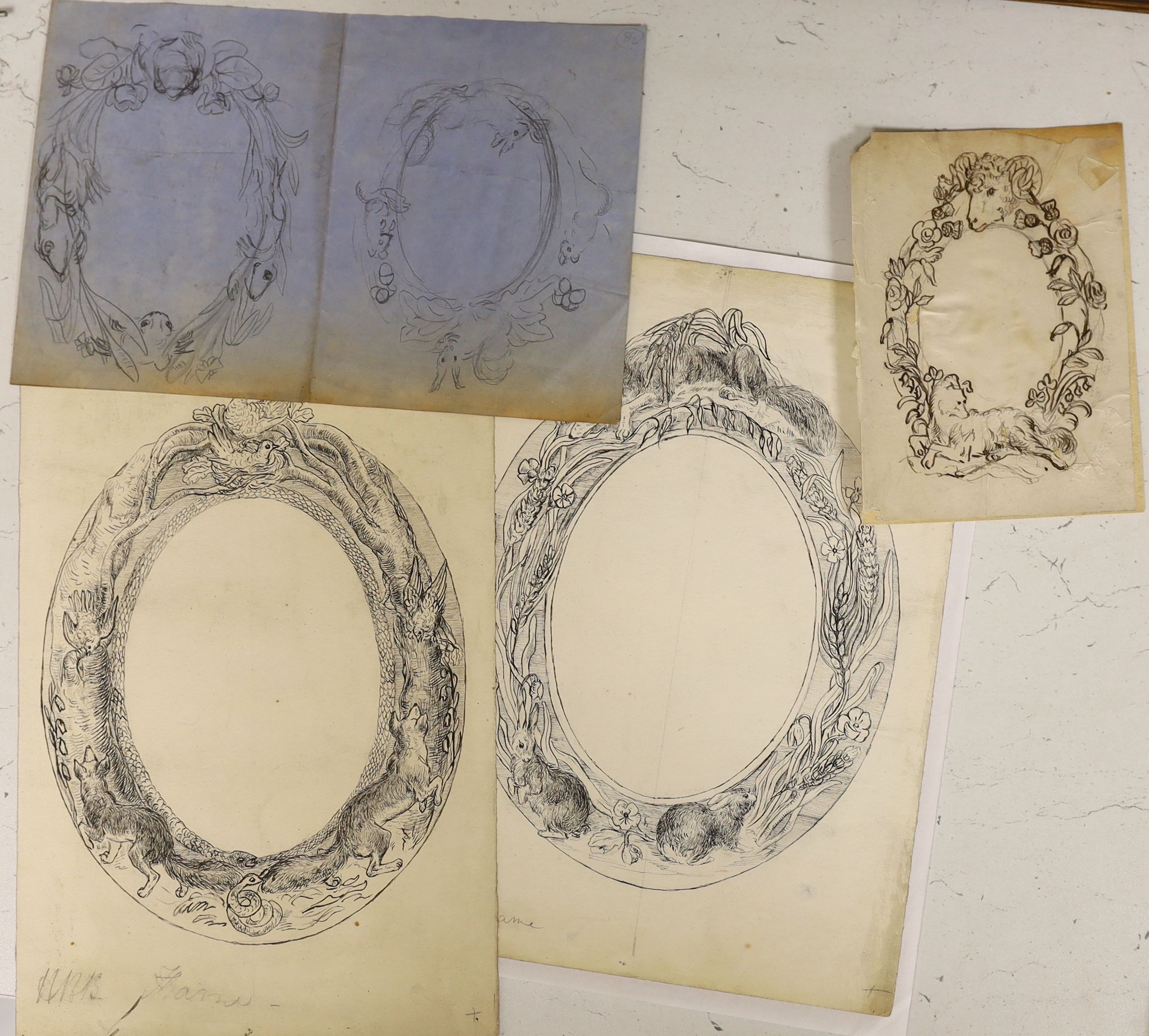 Hannah Barlow (1851-1916) - five ink and pencil drawings, Designs for mirror frames, 28 x 20cm and 15 x 11cm and 16 x 24cm, unframed and initialled